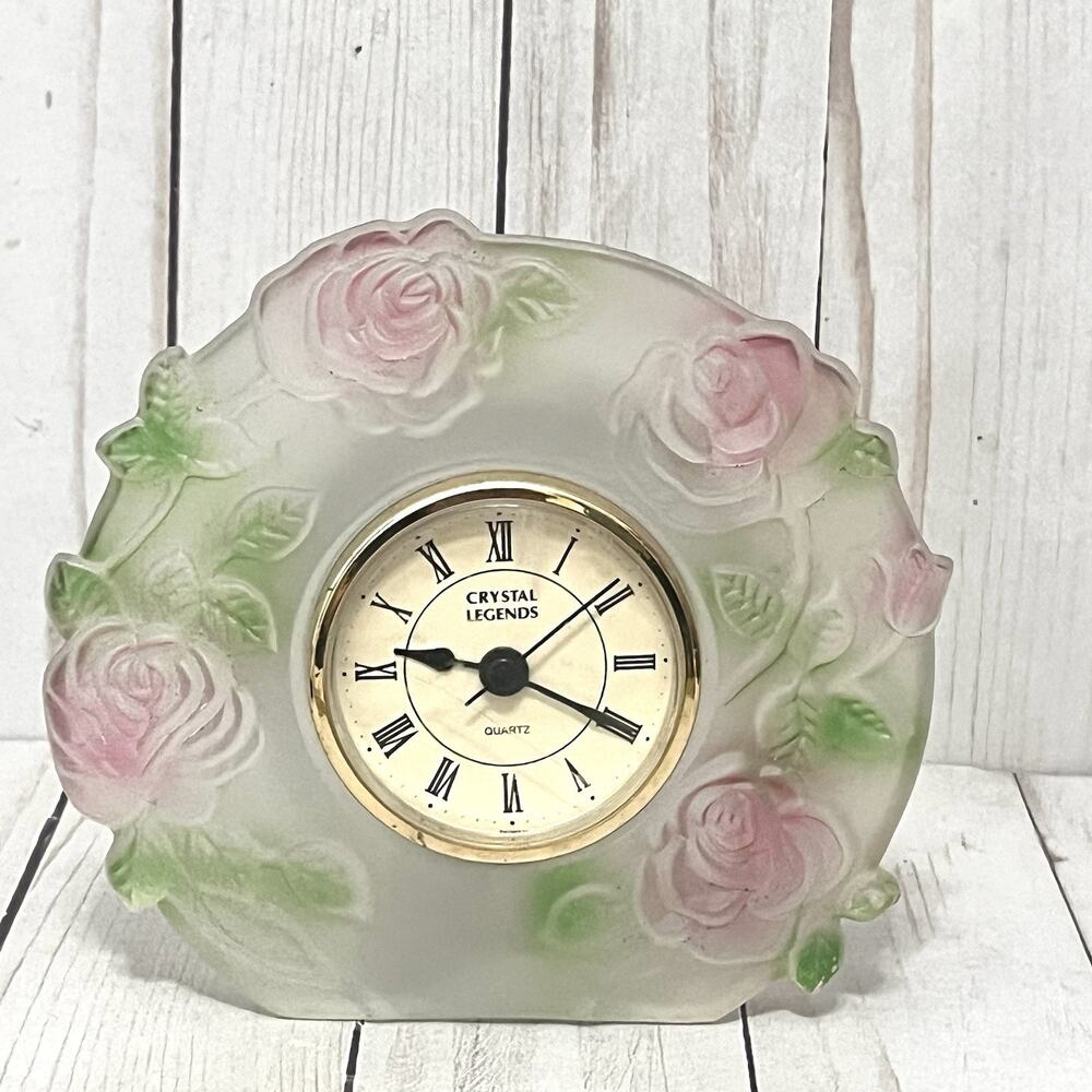 Vintage Frosted Rose Clock Shabby Chic Cottagecore Vanity Décor Pink Floral